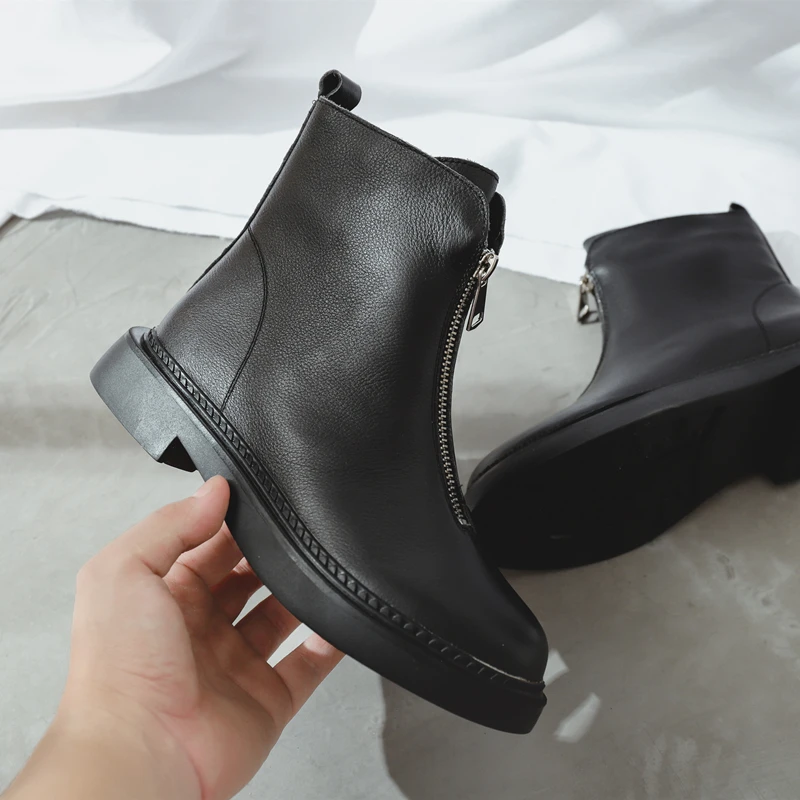 Skup RASMEUP prawdziwej skóry damskie zimowe botki 2019 moda zamek błyskawiczny z przodu kobiet martensy na platformie ciepłe buty damskie