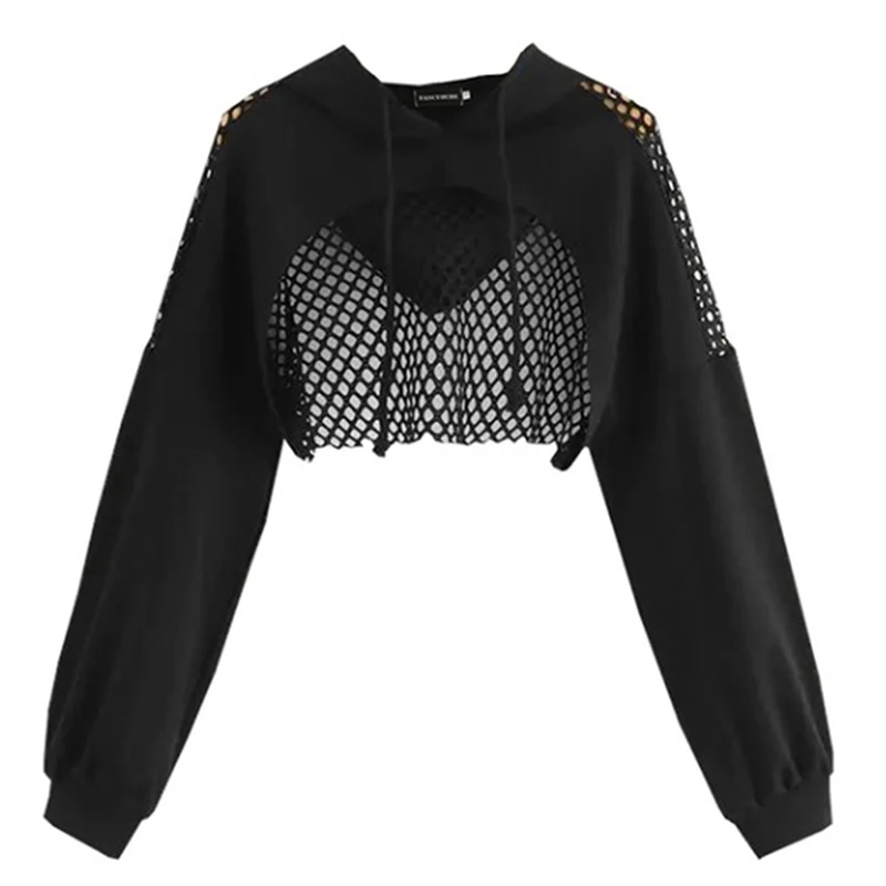 Black Hoodies For Women 2020 Hollow Out Crop Tops Mesh Patchwork Short Sweatshirt Long Sleeve Autumn And Pullovers | Женская одежда