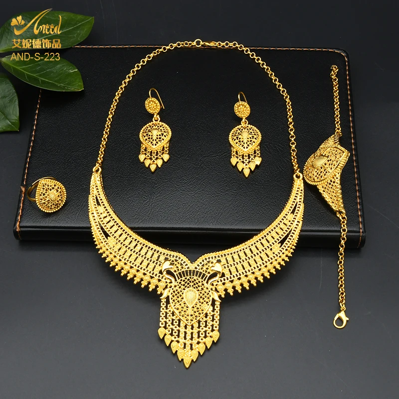 Indian Jewelry Set Wedding 24k Gold Color African Jewelry Dubai Bridal Sets Nigerian Necklace Bracelet Earring Gold Jewellery