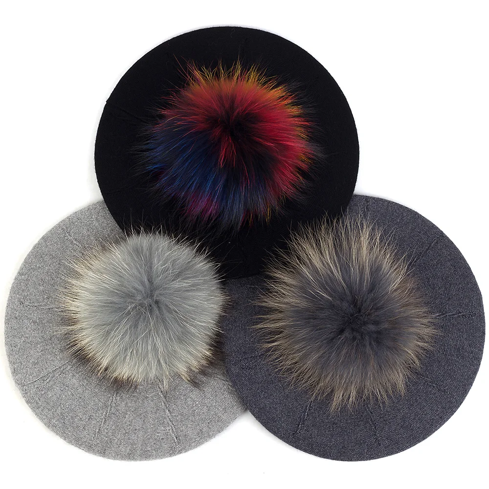 Geebro Female Winter Berets with 15 cm Real Ball Pom Pom Hat For Women Girl's Knitted Cap Thick Women'S Slouchy Skullies Beanies 2