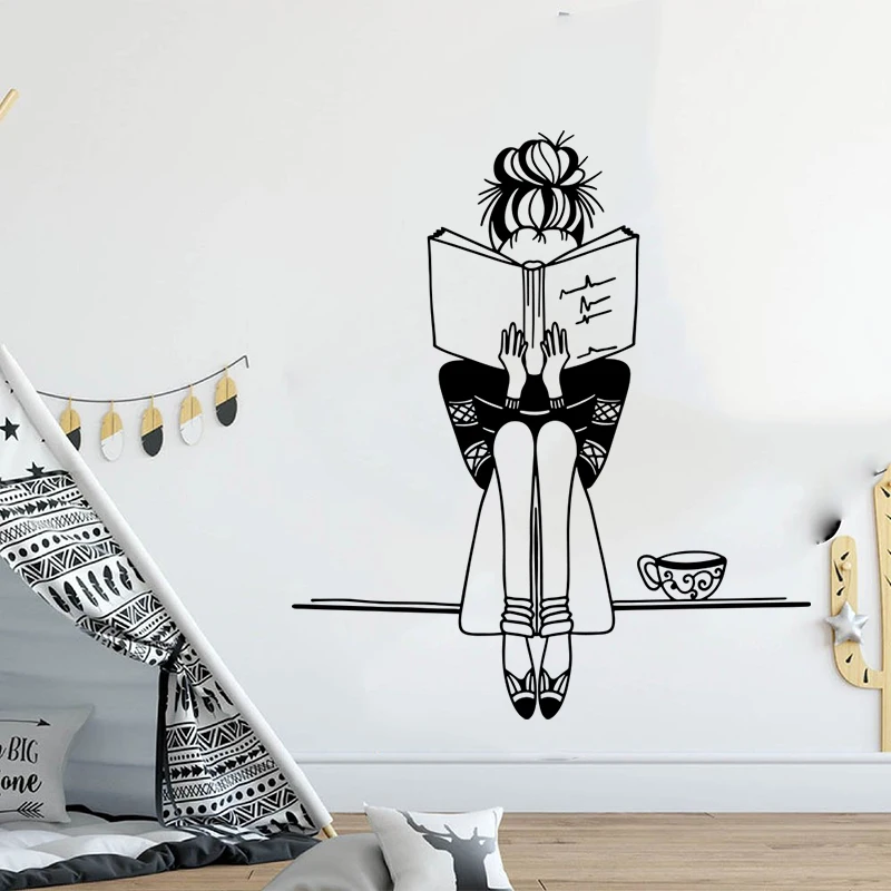 Large Girl Reading Book Coffee Wall Sticker Classroom School Read Book Girl Study Wall Decal Bedroom Kids Room Vinyl Decor (3)