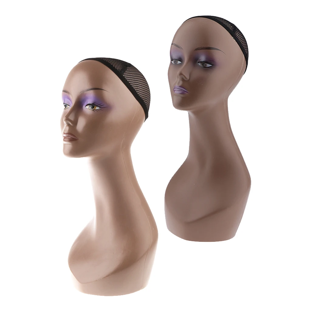 Perfeclan 2Pieces 20'' Women Makeup Mannequin Head Bust Jewelry Display Stand - Coffee and Normal Skin Colors