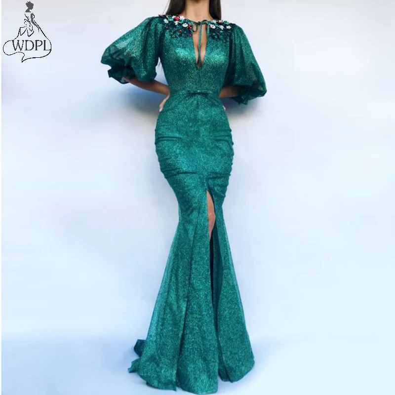 

Hunter Green Sexy Mermaid Evening Dresses Front Slit Trumpet Short Sleeve Chic Formal Prom Dress 2020 Long Gown robe de soiree