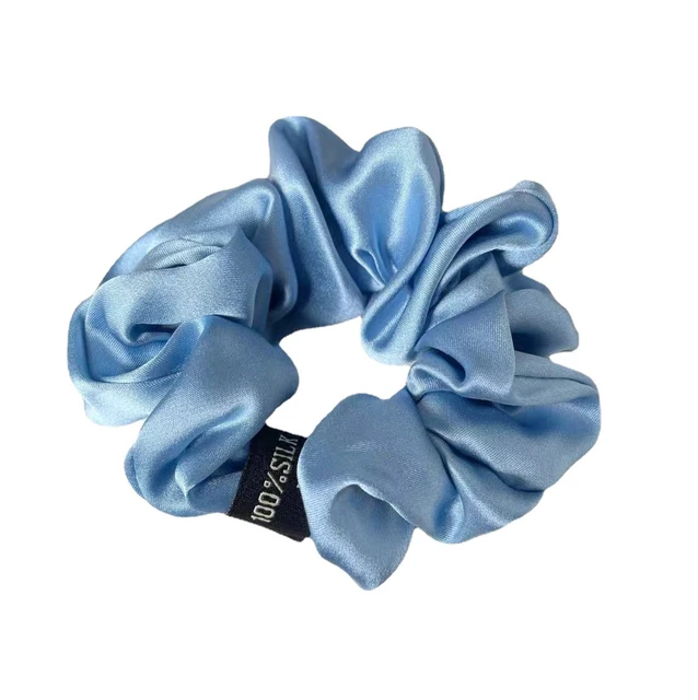 2021 New 100% Pure Mulberry Silk Large Tie Hair Silk Simple Pure Color Retro Hair Bands For Women Hair Tie Rope Accessories Girl Blue