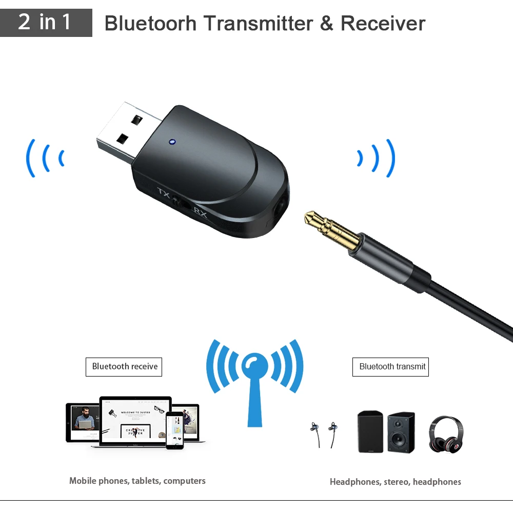 Bluetooth 5.0 Audio Receiver Transmitter 3 IN 1 Mini 3.5mm Jack AUX USB Stereo Music Wireless Adapter for TV Car PC Headphones