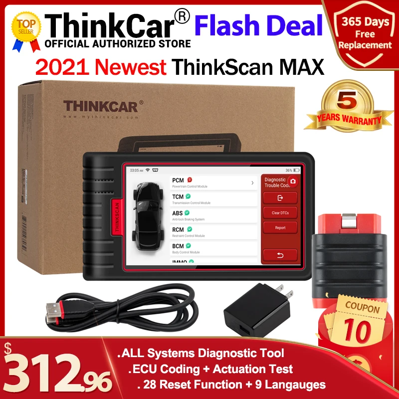 ThinkCar-herramientas de diagnóstico ThinkScan Max, Sistema completo automático, escáner de 28 funciones de reinicio, prueba bidireccional, codificación ECU a través de CRP909