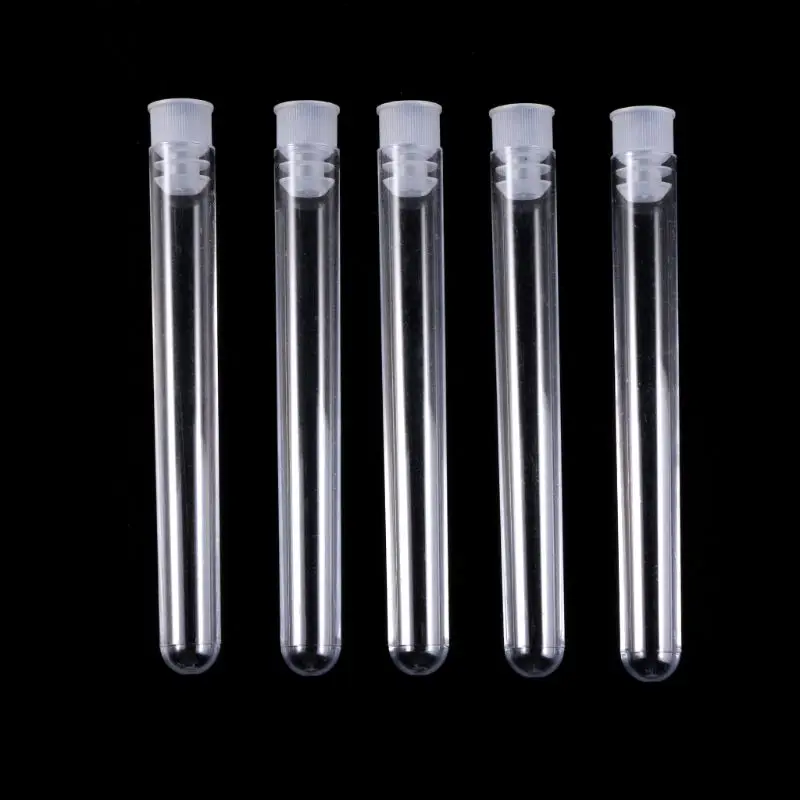 50 unids/pack 12x100mm transparente laboratorio claro tubos de prueba de plástico viales con empuje de laboratorio de la escuela suministros 77HA