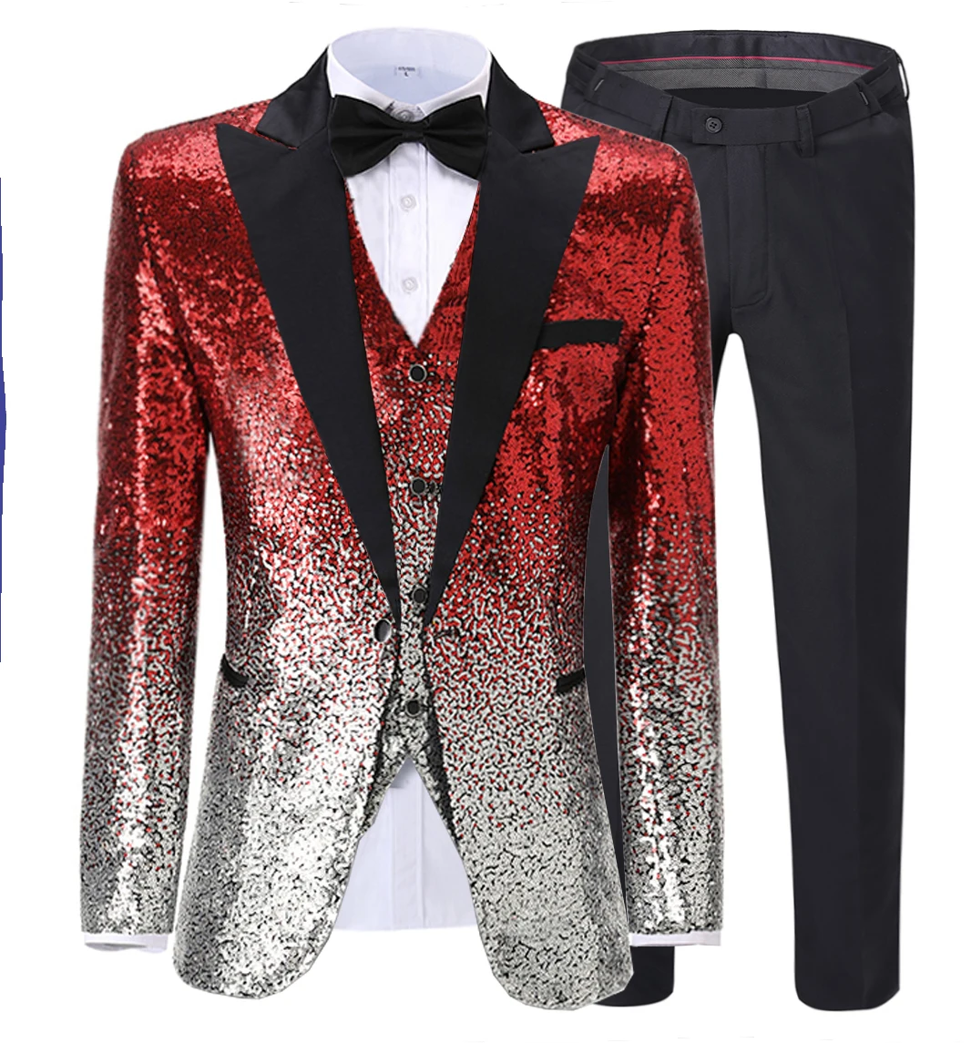 Royal Blue Men's Suit Gradually Changing Color Sequin Blazer Peak Notch Lapel Tuxedo For Wedding Party Groom (Blazer+Vest+pants) Royal Blue Men's Suit Gradually Changing Color Sequin Blazer Peak Notch Lapel Tuxedo For Wedding Party Groom (Blazer+Vest+pants)