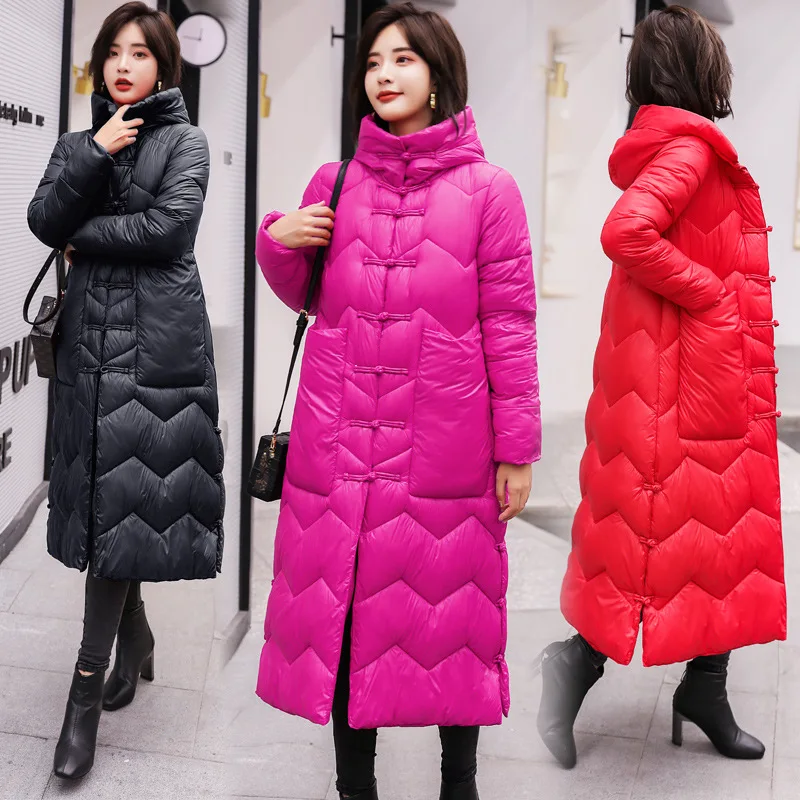 

Chinese-style Cotton-padded Clothes Women's 2019 Winter New Style Large Size Retro Frog over-the-Knee Long Fashion Hooded Cotton