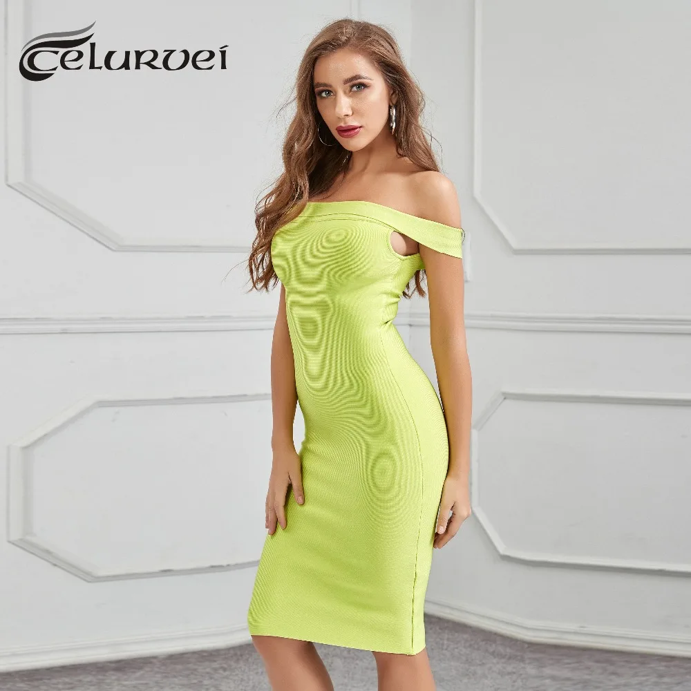 Высокого качества от популярный зеленый с плеча вискоза Бандажное платье вечернее платье Bodycon платье