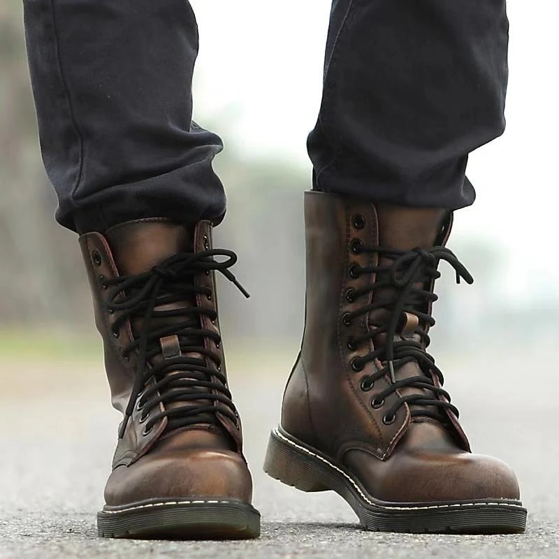 Botas militares de combate Vintage para hombre, zapatos altos de cuero genuino, botas para motocicleta, zapatos cordones| | - AliExpress