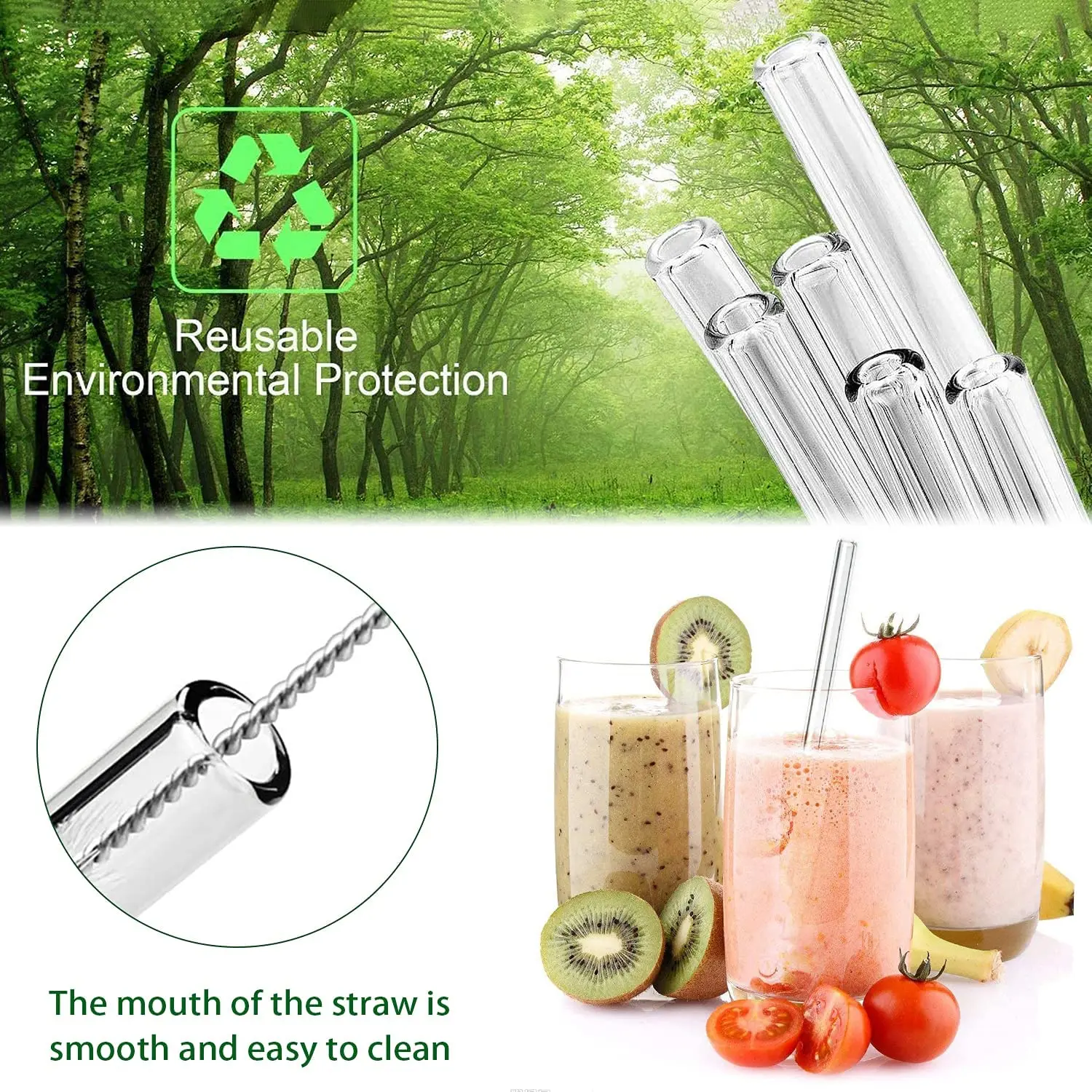 8 Cannucce In Vetro Curve Con Motivo A Frutta – 2 Spazzole Incluse, Per Succhi E Cocktail