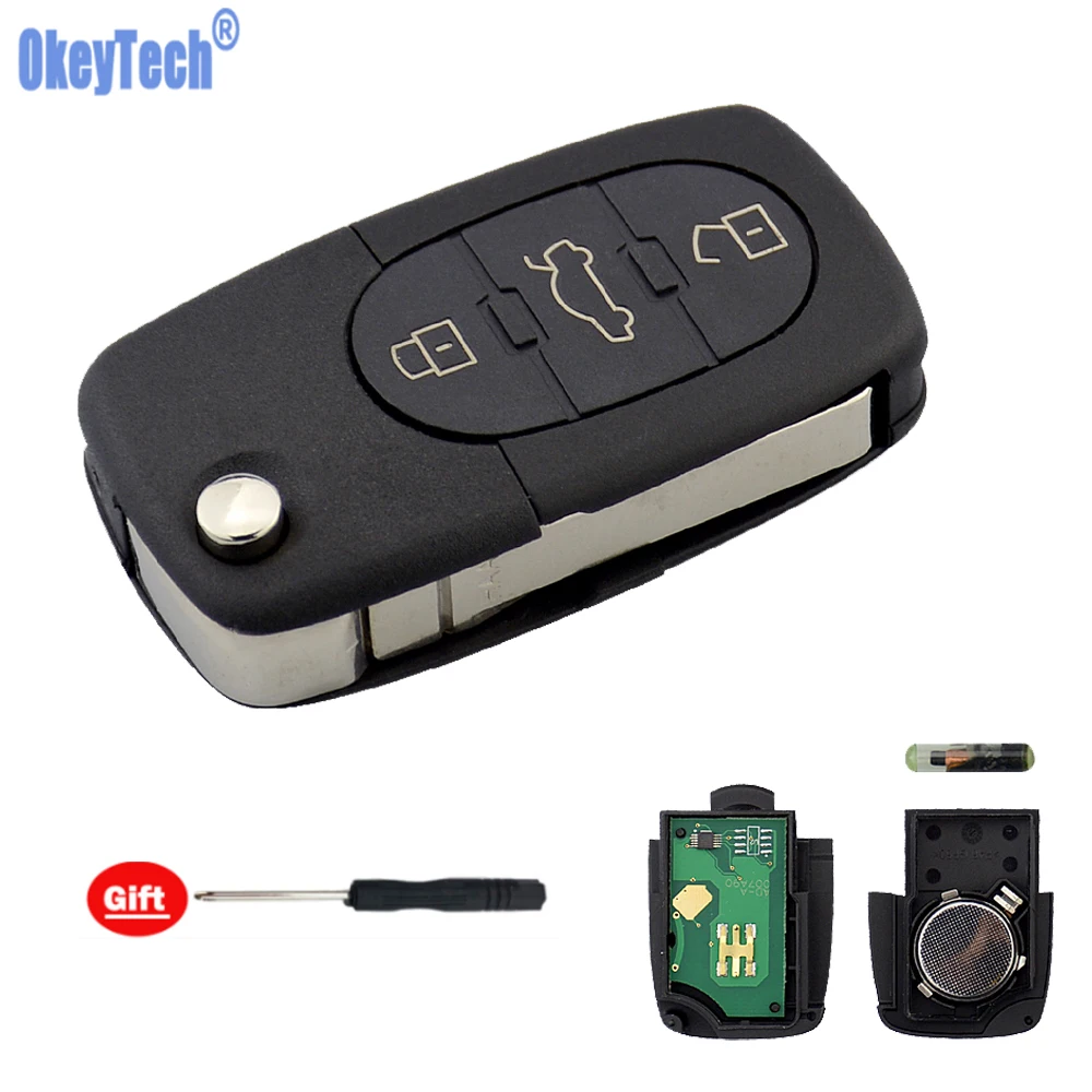

OkeyTech for Audi A3 A4 A6 A8 Remote Key Case Flip Folding HU66 Uncut Knife Blade 4D0837231A 3 Button 433mhz ID48 Glass Chip