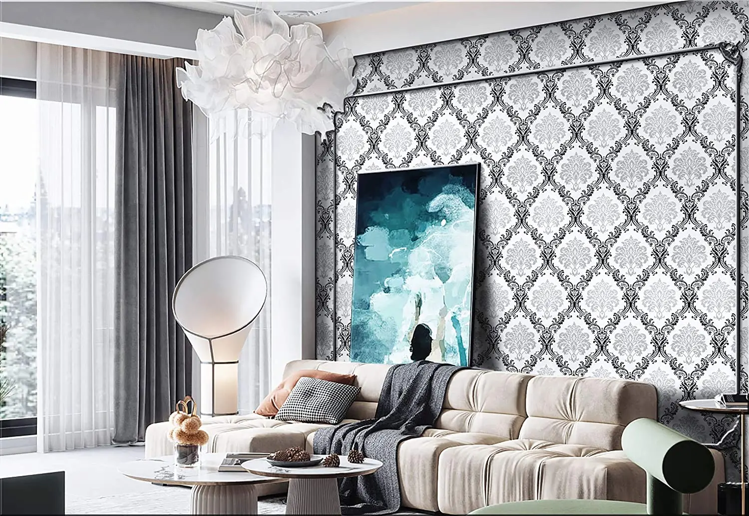 화이트 블랙 필 앤 스틱 벽지, 탈착식 접촉 종이, 장식 다마스커스 벽 종이, 꽃 자체 접착 벽지, 5M