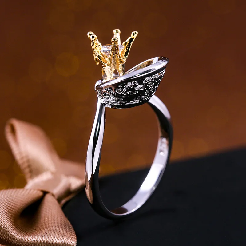 Cute Female Gold Crown Princess Ring With Zircon Fashion Promise Wedding Rings For Women Unique Silver Bridal Engagement Ring