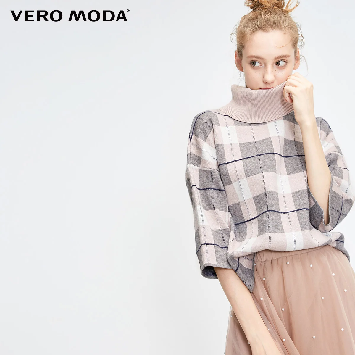 Fawn mel. Vero Moda женский клетчатый свитер с высоким воротником и рукавом три четверти | 318313517 - Цвет: Fawn mel.