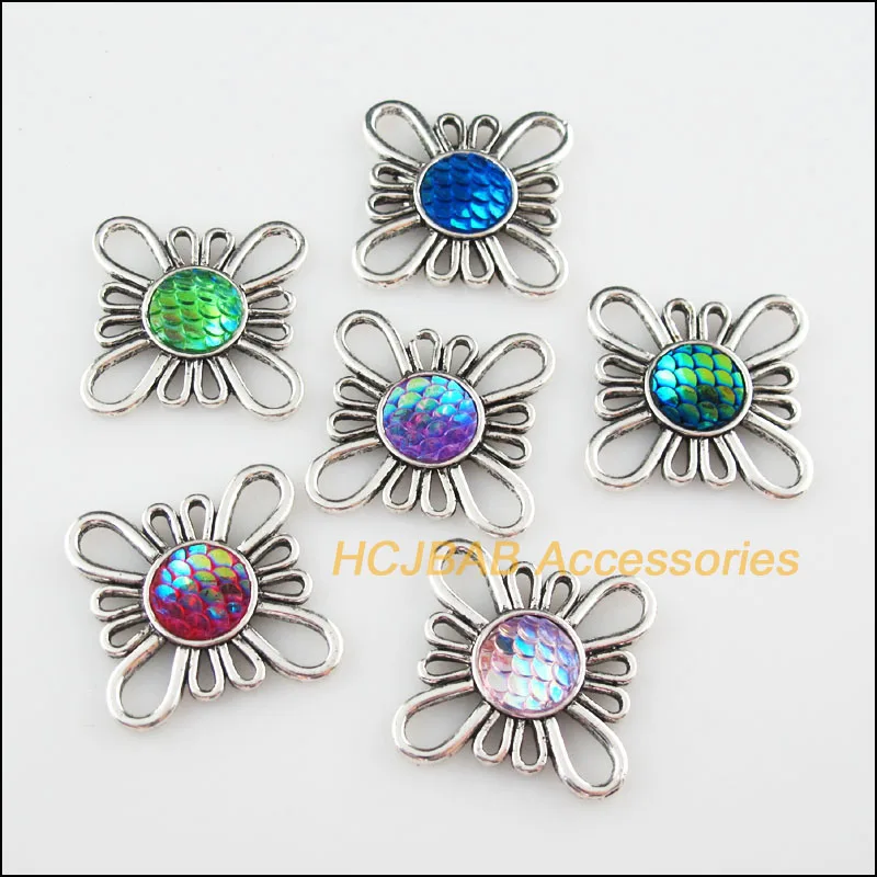 

6 New Flower Scales Resin Connectors Mixed Charms Tibetan Silver Pendants 31.5mm