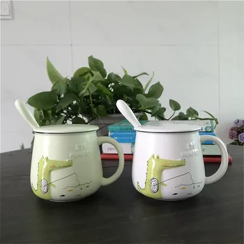 

350ml Cute Dinosaur Crocodile Mug Students Cartoon Glass Ceramic Stereo with Lid Spoon Breakfast Milk Cup Drinkware Funny Mugs