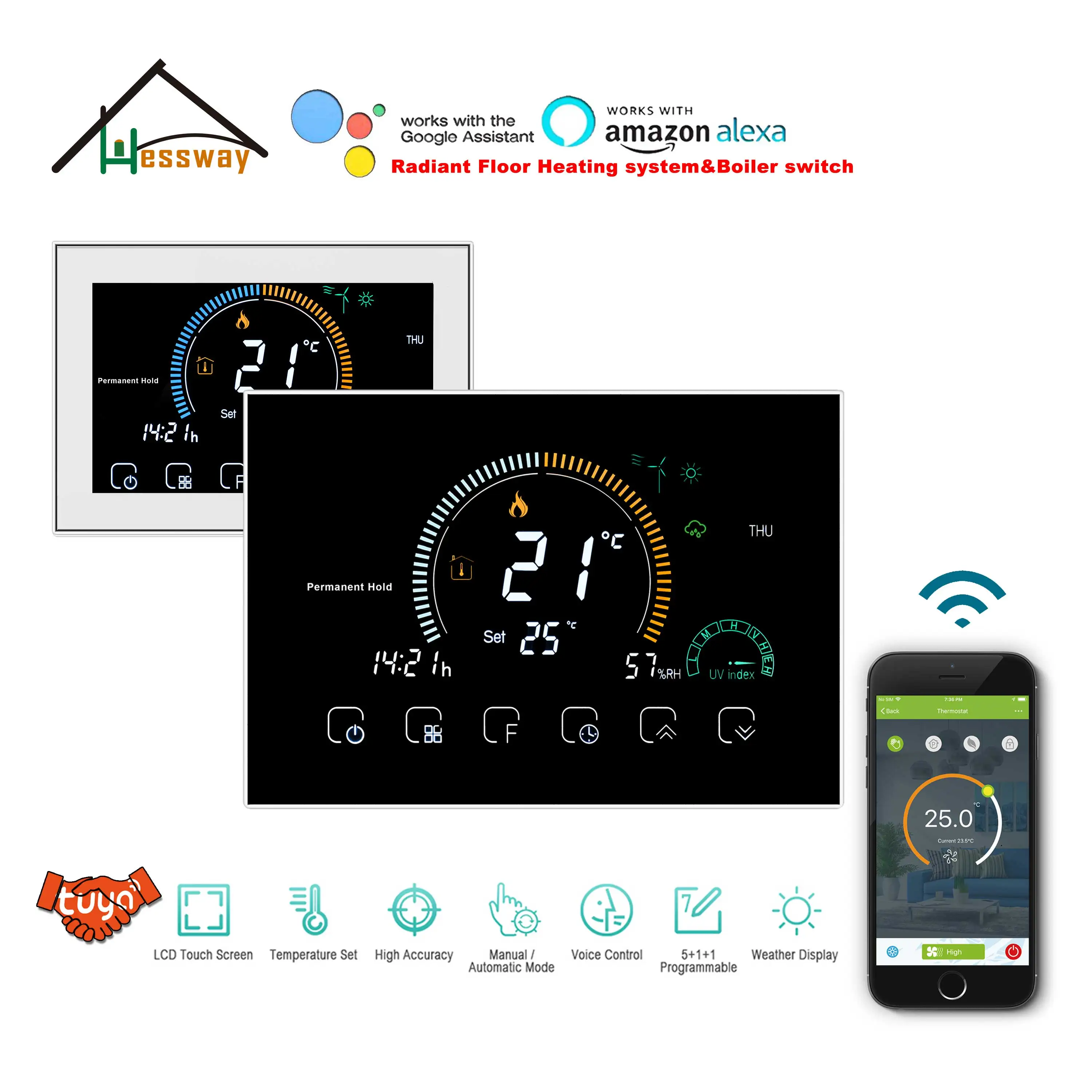 HESSWAY New Product  Radiant Floor Heating THERMOSTAT WIFI for 5A Water&Gas Boiler/16A Electric Heating Linkage with TUYA Smart