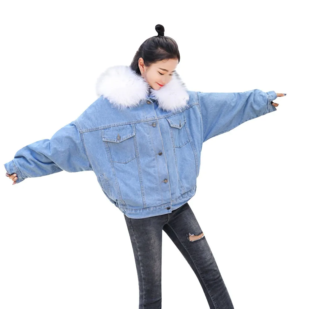 Women Denim Jacket Winter Thicken Fleece Outdoor Coat Faux Fur Collar Hooded Long Sleeve Denim Female Windproof Outwear#BL40