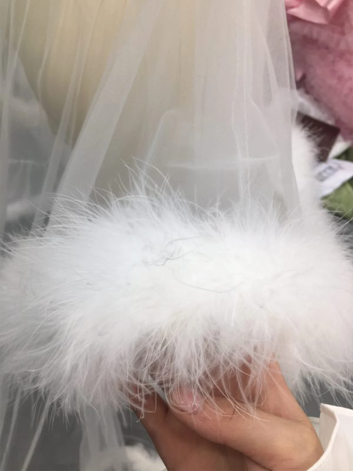 Свадебный будуарный халат розовый прозрачный с перьями тюль иллюзия длинный на