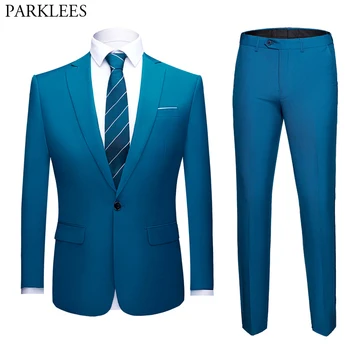 

Men's Blue 2 Pieces Suit Slim Fit Notch Lapel One Button Tuxedo Blazer Jacket Pants Wedding Business Formal Trajes de Hombre 6XL