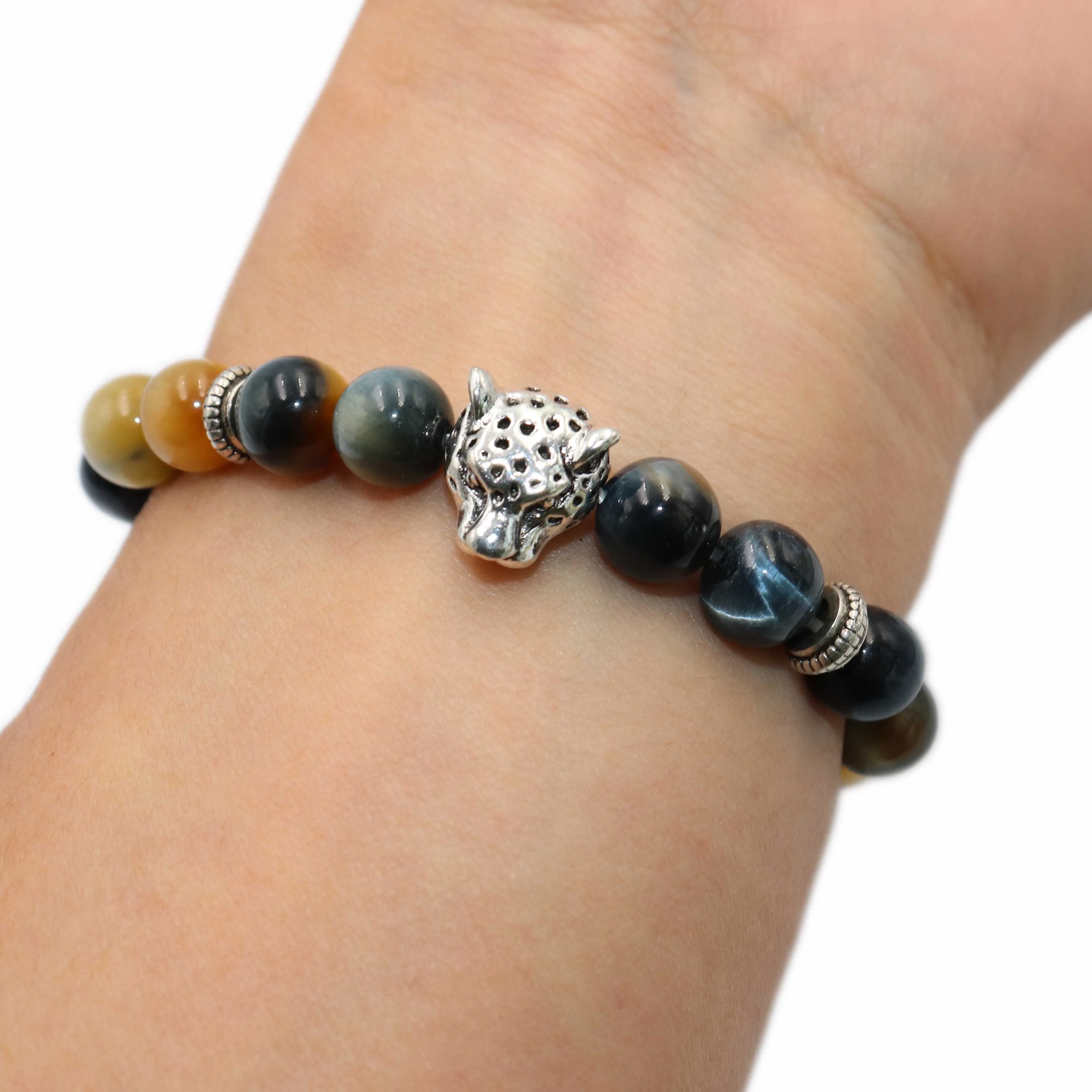 Gold Blue Tiger Eye Природный камень 8 мм, серебристые бусины в форме головы леопарда, браслет для мужчин и женщин, новая мода, тигровый глаз, Агаты, оникс, браслеты с лавовыми бусинами - Окраска металла: Gold Blue Tiger Eye