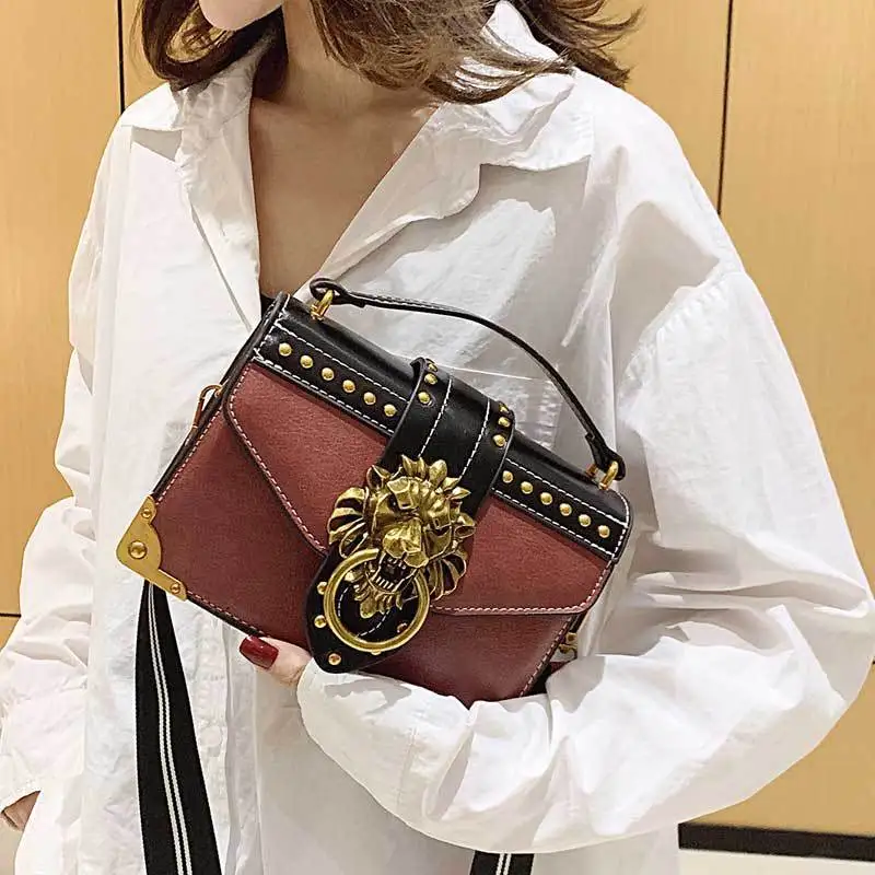 

Lion Head Retro Rivet Square Sling Bag Women's Hand Crossbody Bag Europe And America Cool Versatile 2020 Early Spring New Style
