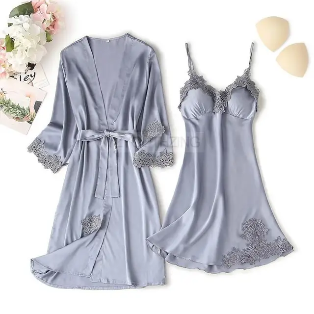 Pajama Set Women Lace Trim Satin Sleepwear Pyjamas Pour Femme Summer Nightwear With Pants Casual Home Wear Kimono Robe Gown PJS Gray C
