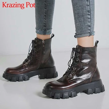 

Krazing Pot high quality casual genuine leather round toe thick bottom lace up winter keep warm women Zipper ankle boots L3f8