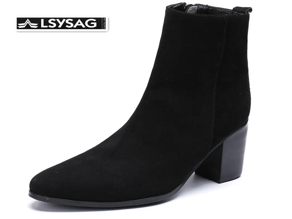 

Winter Men Dress Boots Suede Leather High Heel Boots Black Pointed Toe Ankle Boots Large Size Formal Party Shoes