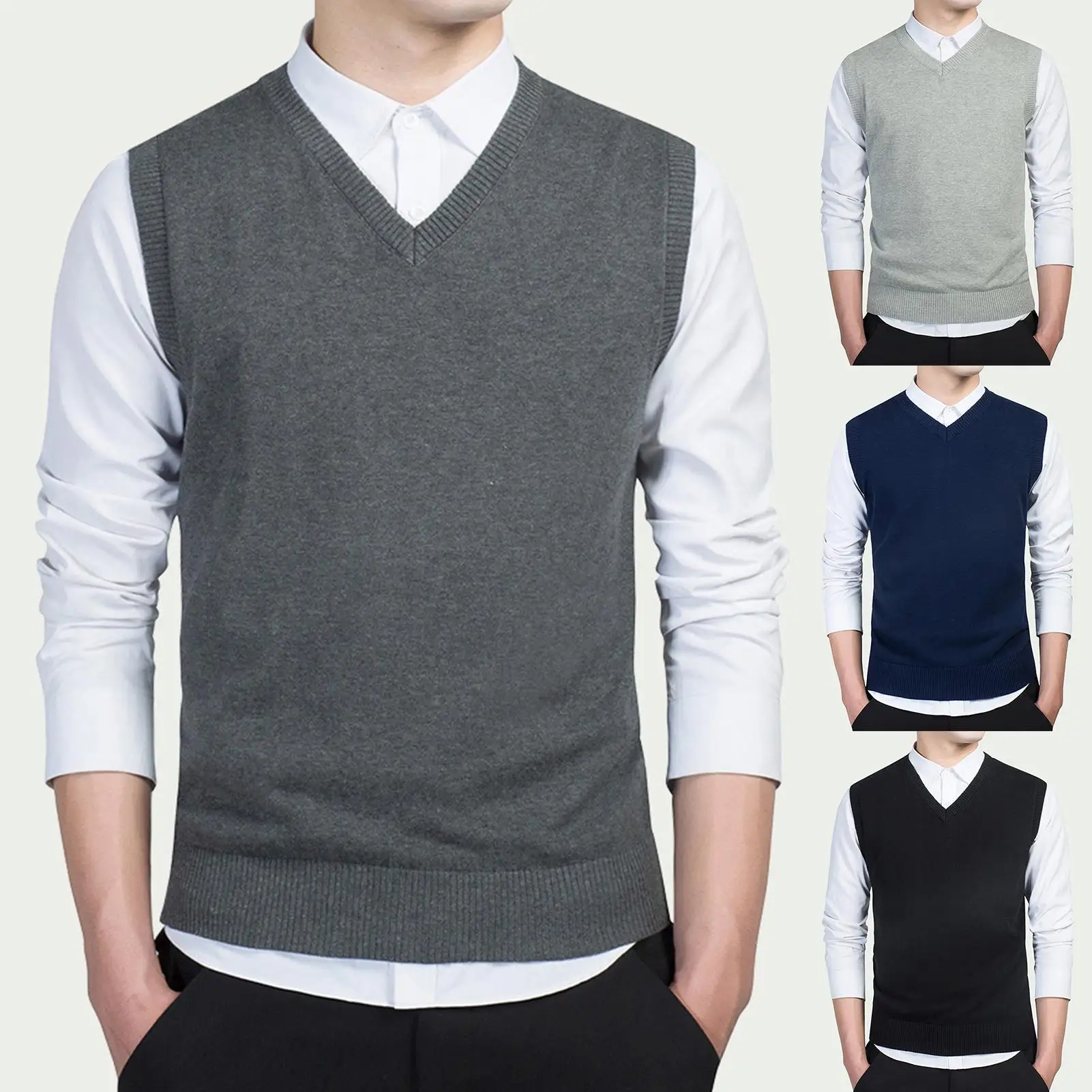 Men Sweater Vests Mens Knitted Vest Men Autumn Winter Solid Color Sleeveless V Neck Knitted Sweater Business Vest
