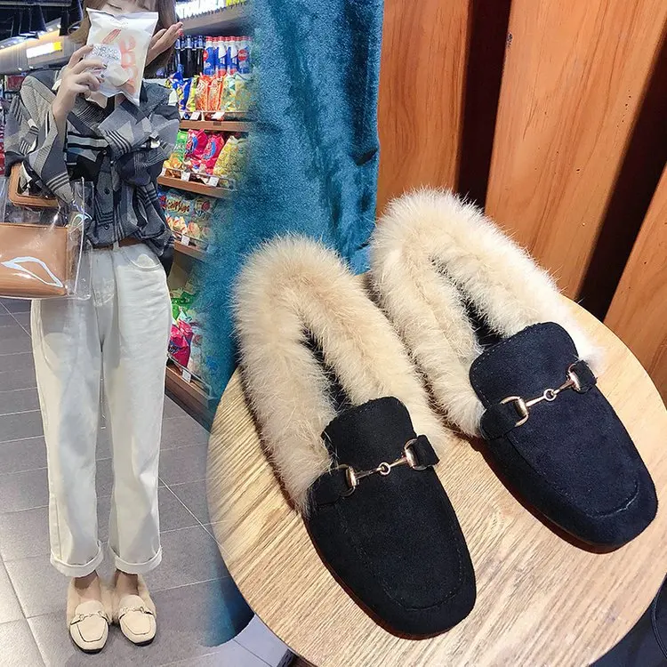 

2019 winter new fashion metal buckle real rabbit hair square head flat shoes fur warm shoes women