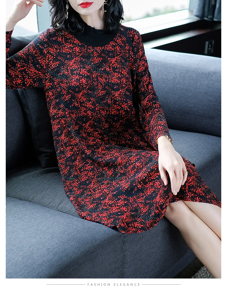 Miyake/весенне-осеннее Новое Женское Европейское и американское модное платье с воротником-стойкой и длинным рукавом, свободное платье с цветочным рисунком большого размера - Цвет: Красный