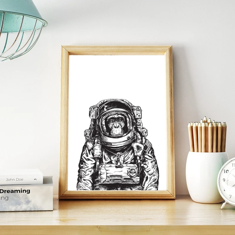 Canvas Prints Pictures Wall Art Hand Drawn Black and White Monkey Astronaut Painting Home Decor Modular Nordic Poster Kids Room | Дом и сад