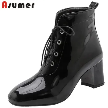 

ASUMER 2020 new arrival ankle boots women lace up round toe autumn winter boots square high heels dress office shoes ladies