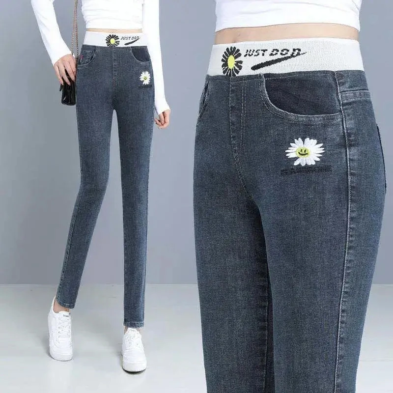 

Large Size Flower Embroidery Stretch Pencil Pants Women Slinny Denim Trousers Korean Style Slim Elastic High Waist Jeans Female