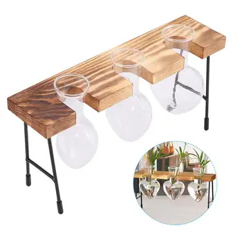

Hydroponic Flower Vase Desktop Glass Planter Heart Shaped Wooden Frame Hydroponic Container (Bench Heart with Three Vases)