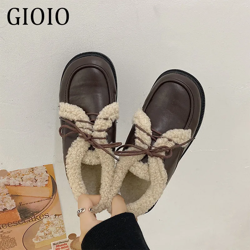 

Gioio Fashion Snow Women's Cotton Shoes Plus thick-soled Causal Warm Women's Shoe Short Plush Black Brown British Style
