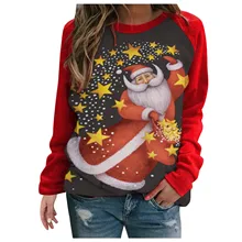 

Winter Clothes Women Sweatershirts Ladies Round Neck Long Sleeve Christmas Print Stitching Round Neck Pullover Women Sweetshirts