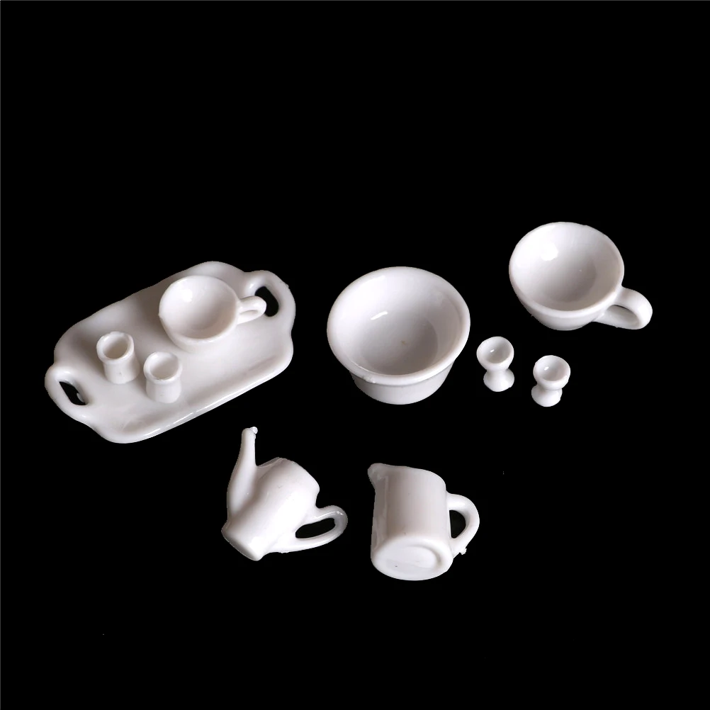 

10pcs/set white 1:12 Porcelain Tableware Teapot Coffee Cups Saucer Tray Plate Tea Set Pot Kitchen decor Dollhouse Miniature