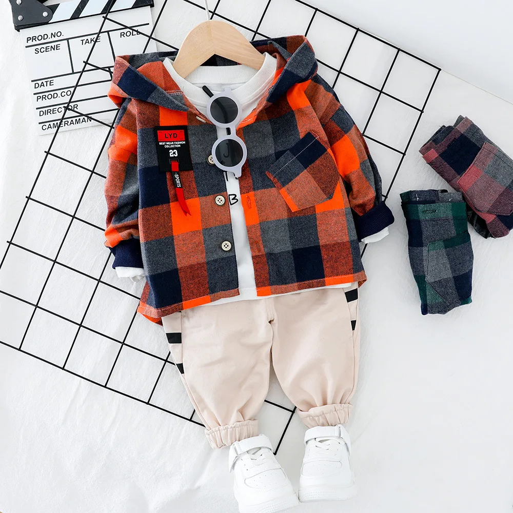 

Childrenswear 2020 Children Baby Spring And Autumn Fashion Large Grid Hooded Long-sleeved Shirt Hoodie Two-Piece Set