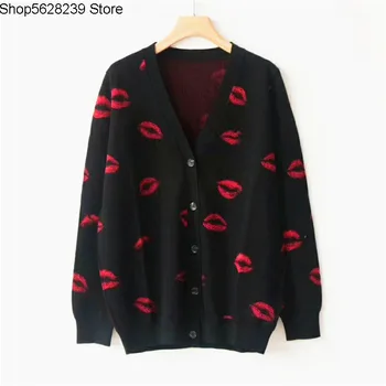 

Knitting Cardigan Early Autumn Women's Wear Long Sleeve V Collar Red Lips Jacquard Knitting Wool Cardigan Coat