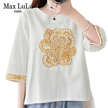 

Max LuLu 2020 Summer Fashion Korean Ladies Embroidery Loose Shirts Women Casual Embroidery Tops And Blouses Loose Linen Clothes
