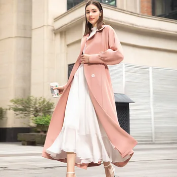 

Spring Fashion Office Lady Long Coat Solid British Style Windbreaker Slim Waist Coat Turn-down Collar Overcoat