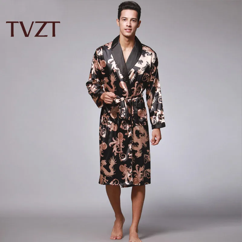 

Tvzt 2020 New Spring Silk Nightgown Satin Male Sleepwear Loose Dragon Dress Silky Long Sleeve Robe Men Larger Size 4 Colors