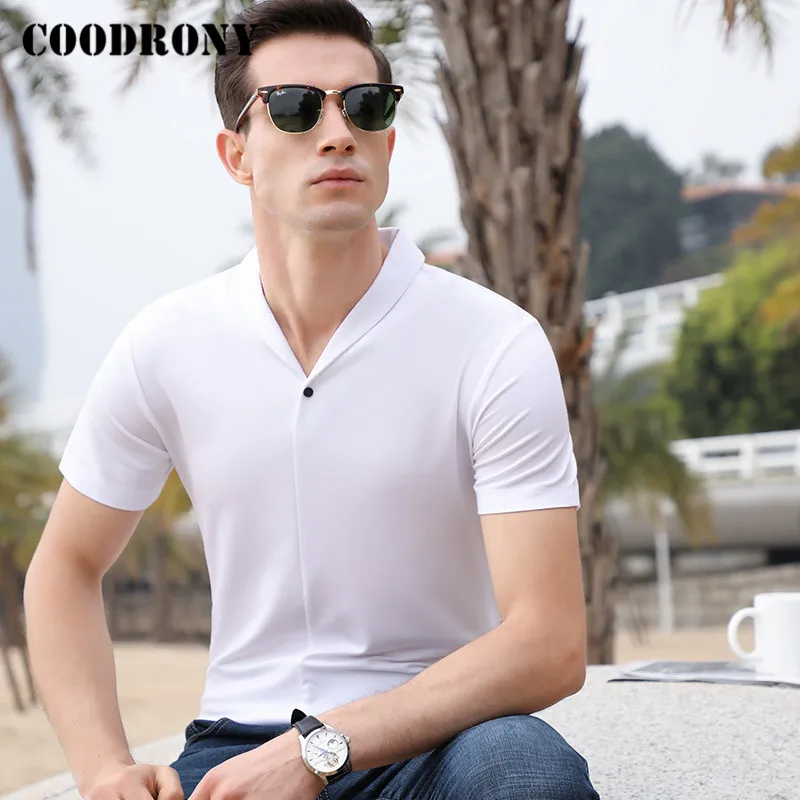 

COODRONY Spring Summer Short Sleeve T-Shirt Pure Color Tops Streetwear Fashion Collar T Shirt Men Cotton Tee Shirt Homme P5041S