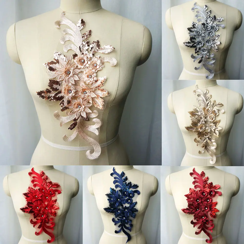 

Gold Silver Blue Red Lace Fabric Sequin 3D Flowers Rhinestone Wedding Gown Appliques Embroidery Sew Patch For Dress DIY Decor