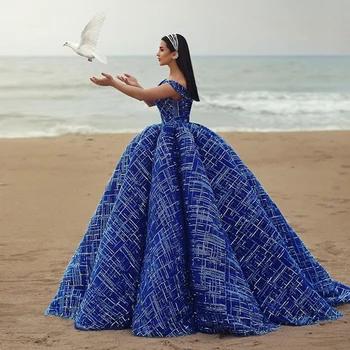 

Parent Child Dresses Royal Blue Off Shoulder Sequined Ball Gown Floor Length Evening Dresses Formal Dress