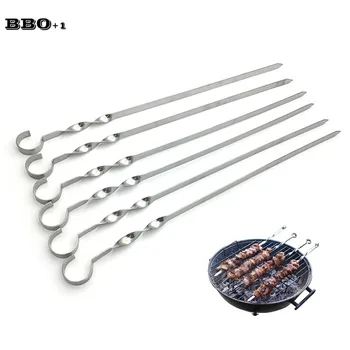 

6 10 12 Stainless Steel Barbecue Skewers Portable BBQ Grill Needle Long Handle Flat BBQ Skewers Metal Kebob Fork Stick 45cm